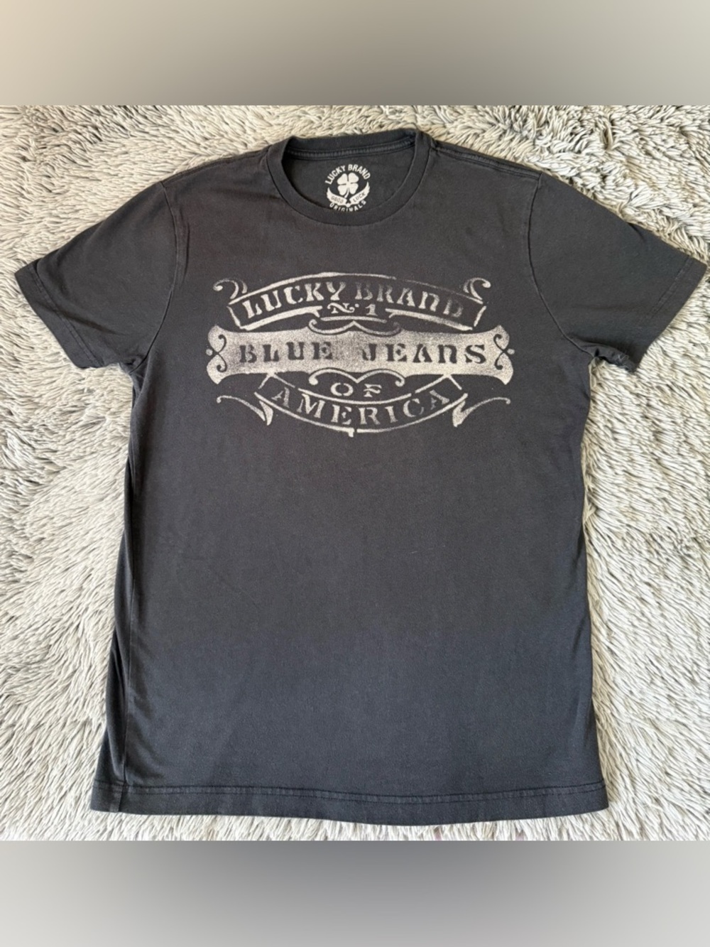 Lucky Brand Blue Jeans America Graphic Tee Men’s Medium Gray Vintage Wash